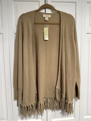 Peck & Peck Cashmere Open Front Cardigan Sweater Beige Tan Fringe size XL New - Image 1 of 4