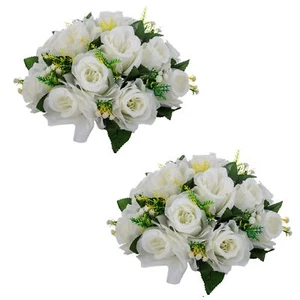 2 PCS Fake Flower Ball Arrangement Bouquet 15 Heads Plastic Roses with Base A... - Picture 1 of 8