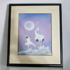 Original Animals and Birds Art Moon Poster Painting Vintage Wooden Frame Signed