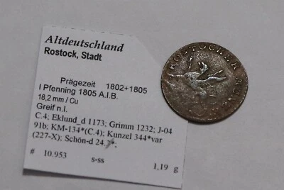 🧭 🇩🇪 GERMANY ROSTOCK 1 PFENNIG 1805 AIB B79 #W122 - Image 1 of 3