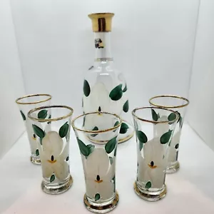 Vintage Corsage Painted Magnolia Flower Glass Liquor Service Set with Gold Rim - Picture 1 of 13