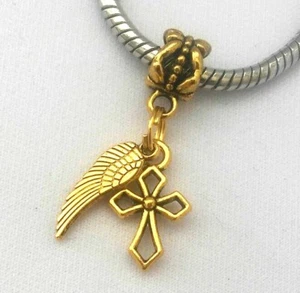 Angel Wing Cross Loss Memorial Memory Charm Pendant GoldTone F/European Bracelet - Picture 1 of 4