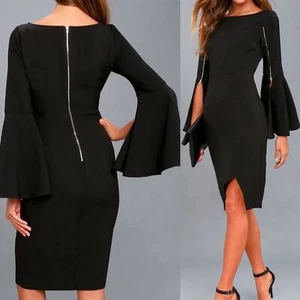 INA Bell Sleeve Zip Embellished Bodycon Dress Black Sz S - Picture 1 of 16