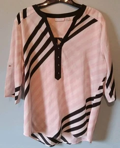 New York & Company Womens 3/4 Sleeve Pullover Black & Pink Blouse Shirt Top SZ L - Picture 1 of 5