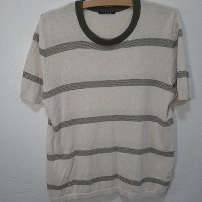Camiseta Sisley Para Hombre Pequeña Cuello Redondo Mangas Cortas BeigeVerde Rayas Mezcla de Lino Foto 1 de 4