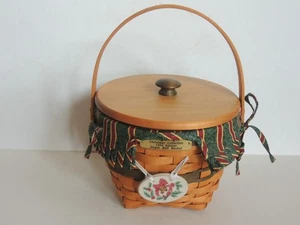 Longaberger 1994 Christmas Jingle Bell wood Basket GREEN Lid Fabric Liner Tie-On - Picture 1 of 12