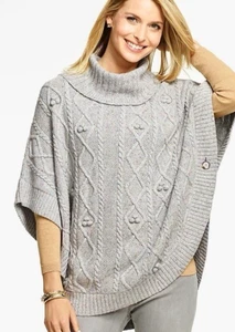 Talbots Poncho Pullover mit Zopfmuster - grau meliert/haferflockenfarben gesprenkelt - Gr. XS - Wollmischung - Bild 1 von 6
