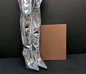 OnlyMaker Metallic Pointed Toe Stiletto Heels Over The Knee Boots US 9 Silver - Picture 1 of 10