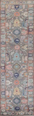 Floral Oushak Gray Wool Hand-knotted 12 ft Indian Runner Rug Carpet 3x12 - Image 1 of 4