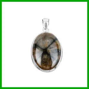 Halloween Deal Sterling Silver Oval Natural Chiastolite Handmade Bezel Pendant - Picture 1 of 13