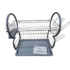 Deluxe 2 Tier Chrome Grey Plated Dish Drainer Cup Glasses Cutlery Plates Rack - Picture 1 of 1
