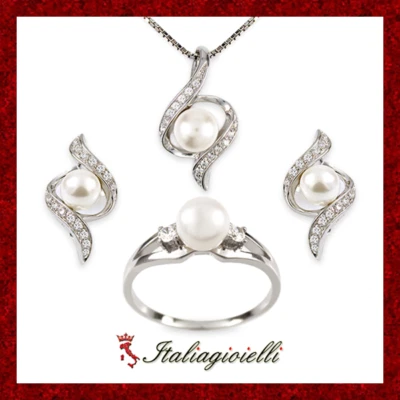 Prestigiosa Parure Brillante Completa con Perle Argento 925 Rodiato Oro Bianco - Immagine 1 di 4