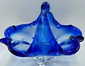 Shannon Crystal Cobalt Blue / Clear 9" X 11” Basket Vase Candy Bowl Hand Made - Picture 1 of 4