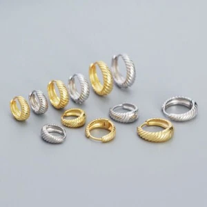 8/10/12mm Woman Real s925 Sterling Silver Texture Rope Hoop Huggie Clip Earring - Picture 1 of 17