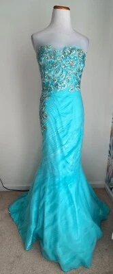 Vestido de sirena Tony Bowls Evenings Seafoam chifón tema pavo real, largo completo, 8 Foto 1 de 4