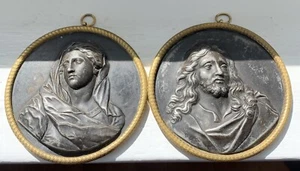 Antik gemischt Metall Messing Portrait Wandtafeln Jesus Christus und Maria französisch - Bild 1 von 14