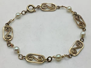 Vintage 1/20 12K Gold Filled Genuine Pearl Scroll Link Bracelet 7” - Picture 1 of 6
