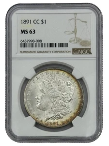 1891-CC Morgan Silver Dollar, NGC MS63, Crescent Tone & Good Luster. - Bild 1 von 4