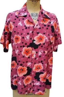 Camisa De Colección Años 60 Hawaiana Cuello Lazo Aloha Hibisco Flor Rayón Magenta Talla Mediana Foto 1 de 4