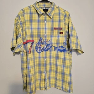 Vintage Bugle Boy Button Up Shirt Mens 2XL Yellow Blue Plaid Embroidered - Picture 1 of 6