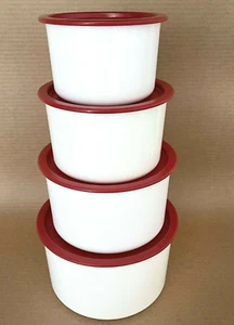 Tupperware Toppers Set 4 Stacking Canisters White w/ Dark Red Seals New - Picture 1 of 6