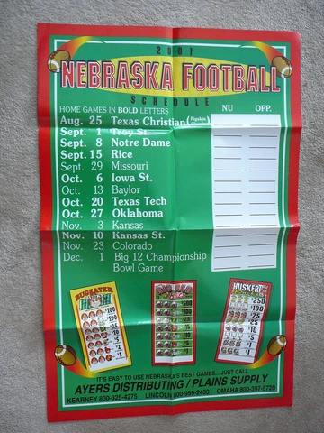 NEBRASKA CORNHUSKERS FOOTBALL 2001 SCHEDULE POSTER AYERS DIST 23.5x35.5 NM Cover