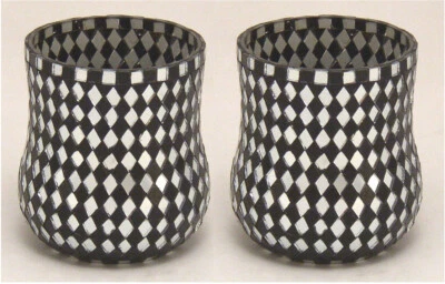 Vase Mosaic Glass Cup Black & Mirror Diamond Chips 4"Dia 4.5"High Set of 2 - Image 1 of 3