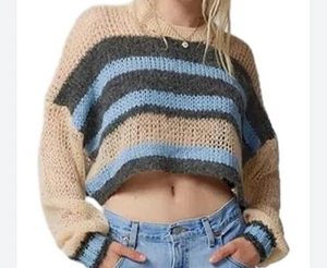 Kimchi Blue Sweater Womens Beige Blue Striped Open Knit Cropped Top Size S/P - Picture 1 of 4