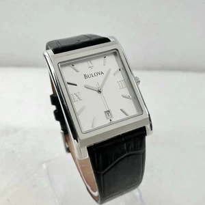 BULOVA 96B107 TANK SILVER/BLACK LEATHER QUARTZ ROMAN DATE MEN'S WATCH  - Picture 1 of 10