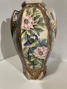 Bellissimo vaso antico vintage 10 1/2" 2 manici accenti floreali oro porcellana - Foto 1 di 14