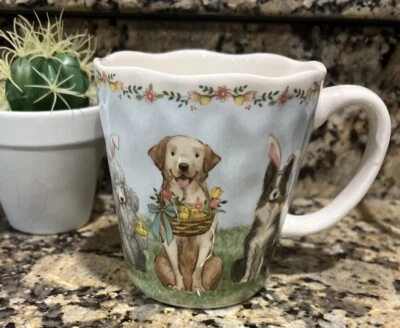 Easter Bunny Dogs Pier 1 Mug Vtg Poodle Bulldog Lab Flowers Cute Foto 1 de 3