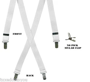 NEW Mens White Clip Suspenders Tuxedo Tux Braces X Back Elastic USA , NO PICK - Picture 1 of 4