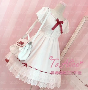Super Cute Girls White Lace Dress Red Ribbon Big Bow Short Sleeve Lolita Dress - Picture 1 of 6