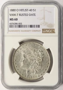 Dólar Morgan 40 Hitlist 1880-O $1 VAM-7 fecha oxidada NGC MS60 - Imagen 1 de 4