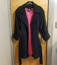 Vintage Women's Wool Coat 1970s Belted 3/4 Cuff Sleeve Black MEDIUM 