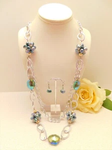 COLLAR Y PENDIENTES AURORA BOREALIS DIAMANTES DE IMITACIÓN Y PERLAS TONO PLATA 32" - Imagen 1 de 8