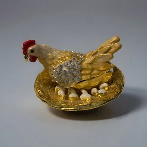 Hinged lidded trinket box Hen / chicken with eggs metal / jewelled / enamel(K5) - Picture 1 of 8