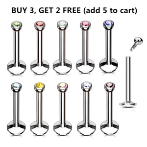 2Pcs Internal Thread Labret Monroe Tragus Zircon Cartilage Lip Ear Ring Piercing - Picture 1 of 14