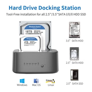 Estación de Acoplamiento de Disco Duro Externo 2.5/3.5′′ SATA USB 3.0 Doble 2x18TB SSD Sin Conexión-Clon - Imagen 1 de 12