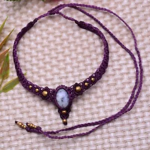 Handgefertigter natürlicher Dendrit Opal Böhmisches Makramee Halsreif Reiki Edelstein Halskette - Bild 1 von 7