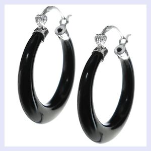 Natural Black Onyx Ring Drop Hoop Earring with Sterling Silver Huggie Earwire