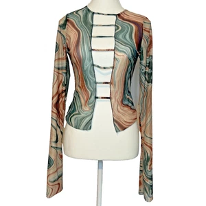 Abstract Swirl Damen transparentes Top S Mesh Stretch Langarm Rave Festival Party - Bild 1 von 4