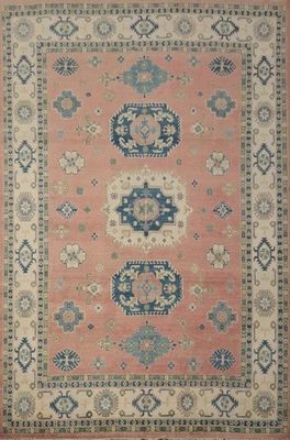 Alfombra geométrica anudada a mano 9x12 pies tinte vegetal rosa kazajo Foto 1 de 4