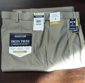 Pantalones Haggar 46 X 34 Para Hombre Sin Hierro Premium Plisados Caqui Calce Clásico Nuevos  - Imagen 1 de 3