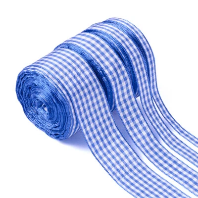 4 Rolls Blue Tartan Polyester Ribbon 3/8" 5/8" 1/4" 1" Gingham Checked Ribbon - Image 1 of 4