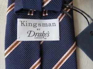 KINGSMAN x DRAKE'S BLUE PINK STRIPED TIE HAND MADE NEW - Picture 1 of 5