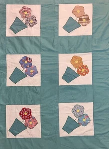 Vintage Embroidered Flower In Pots Linen  Handmade Twin Duvet Cover Blue White - Picture 1 of 15