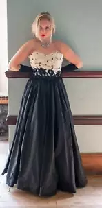 Unikat 50er Jahre Knochen Trägerlos Ballkleid Schwarz Weiß Pailletten Strass XS - Bild 1 von 12