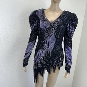 Vtg Fully Beaded Sequin Silk Mini Dress Tunic Peacock Great Gatsby Dancer M - Picture 1 of 24