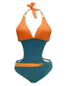Cut Out Swimming Costume Women's UK Size S Orange & Green Swim Backless Halter - Picture 1 of 6